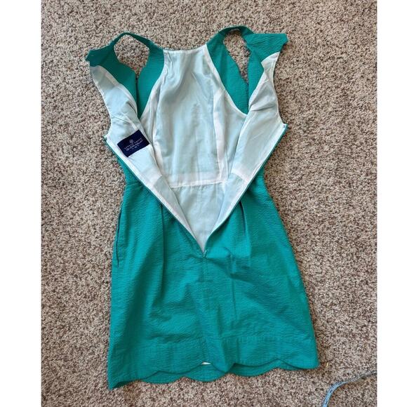 Lauren James Seersucker teal/Lagoon dress, size XS, scalloped hem, halter top - Picture 9 of 9
